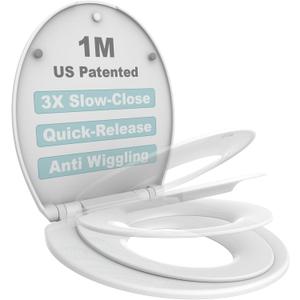 1M Family Toilet Seat, Patented Slow Close & Quick Releasing Technology, Anti-Wiggling, Easy to Install and Clean, Standard Round with Toddler Seat Built In (1 Piece)