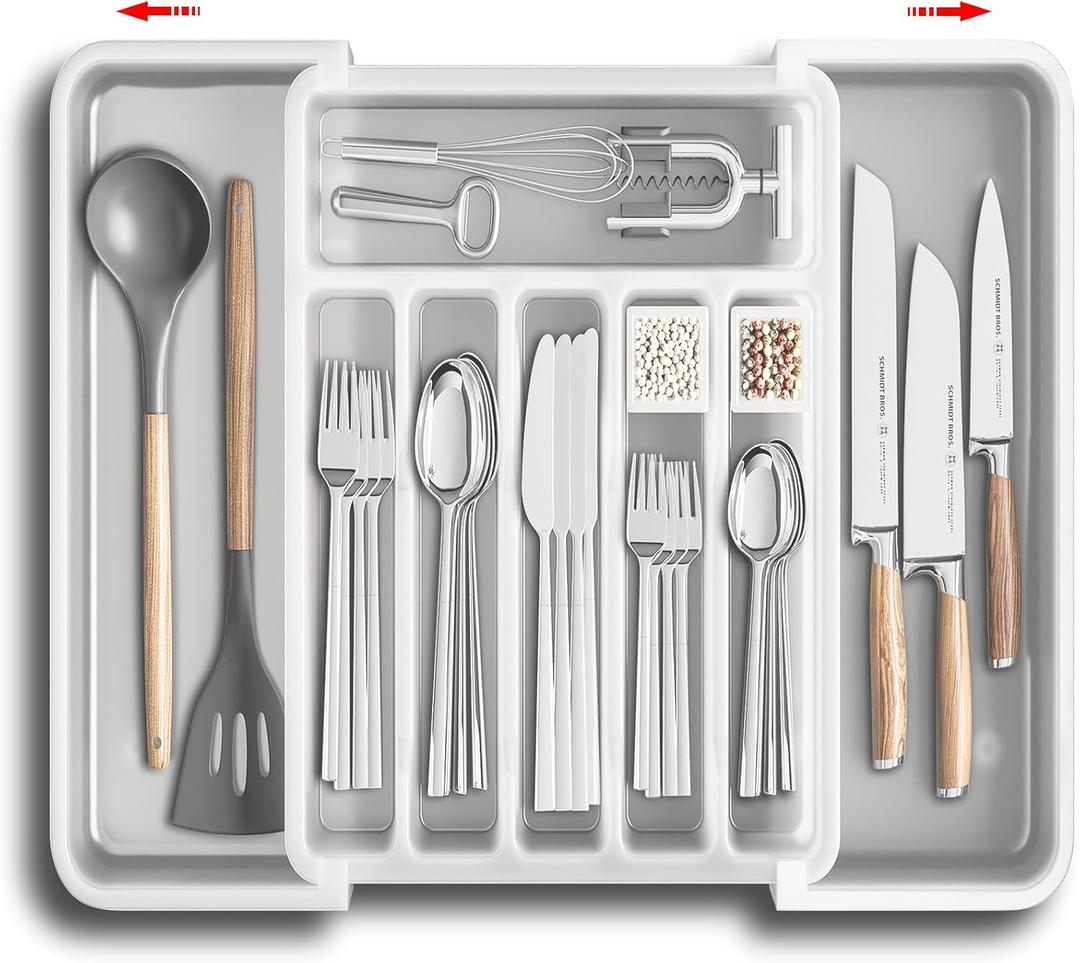 Silverware Drawer Organizer, Expandable Utensil Tray for Kitchen, BPA Free Flatware and Cutlery Holder, Adjustable Plastic Storage for Spoons Forks Knives, Large, Clear