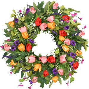 Qingbei Rina Spring Wreaths for Front Door, 22 Inch Door Wreath for Decorating with Colorful Tulip, Lavender and Eucalyptus, Indoor Outdoor Floral Wreath Party Farmhouse Wedding Home Decor
