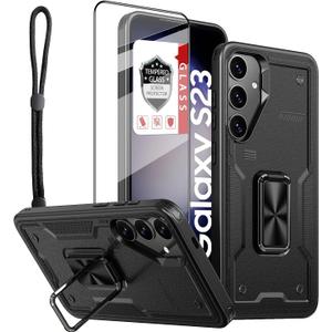 for Samsung Galaxy S23-5G Case with Tempered Glass Screen Protector,with Lanyard Strap[Military Duty Anti-Drop Shockproof Protection]with Magnetic Ring Kickstand,Black