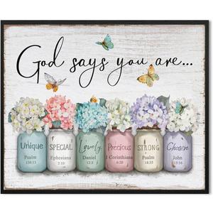 God Says You Are Wall Art: Christian Inspirational Bible Verse Wall Art Religious Scripture Encouragement Gifts for Women,Hydrangea in Mason Jar Prints Butterfly Posters Bedroom Decor 12" x 15"