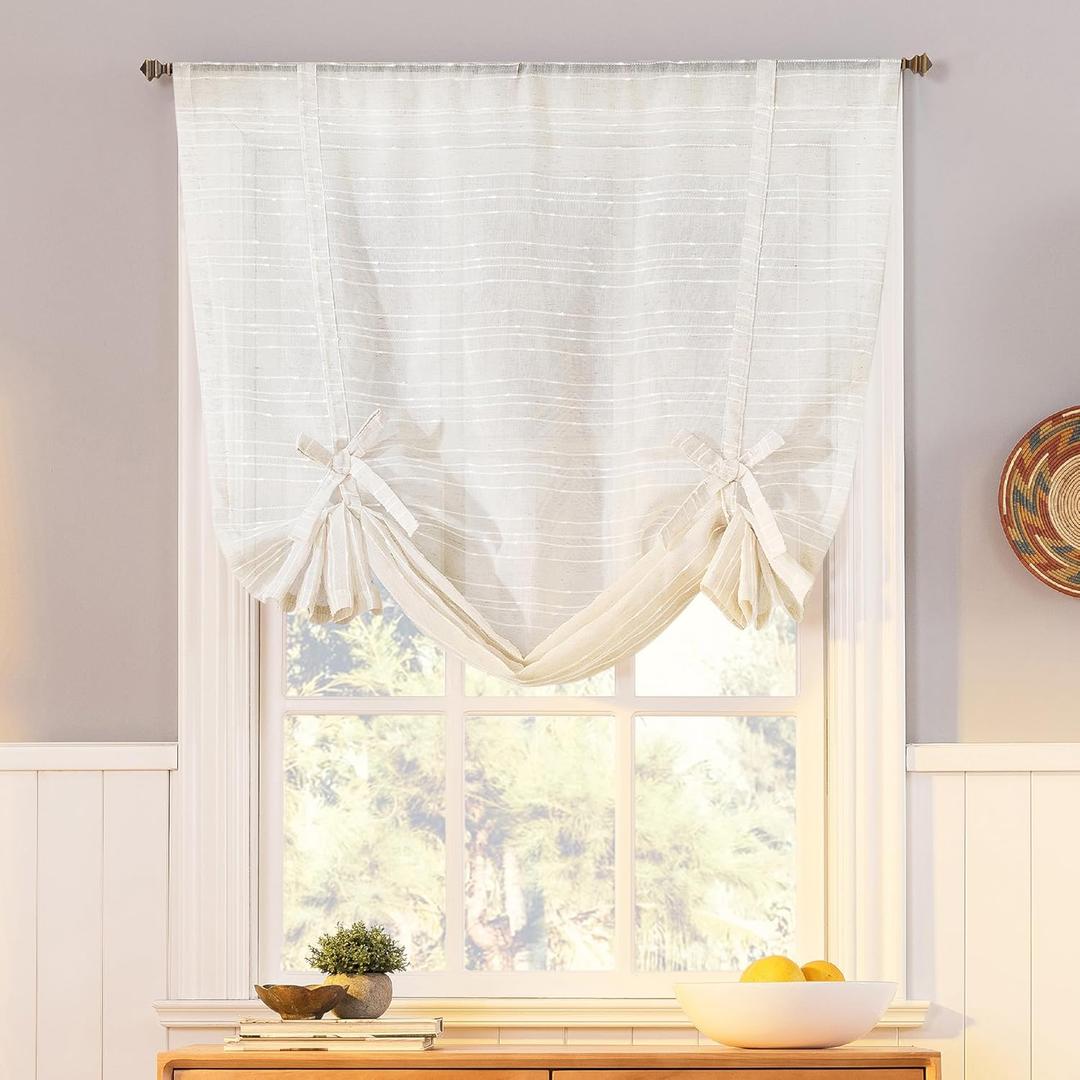 No. 918 Louette Slub Stripe Semi-Sheer Rod Pocket Window Tie-up Balloon Shade, Linen, 42" W x 63" L