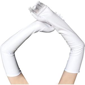 QTECLOR 21Women Long Gloves Stretchy Elbow Leather Glove for Evening Party Opera Costume (White)