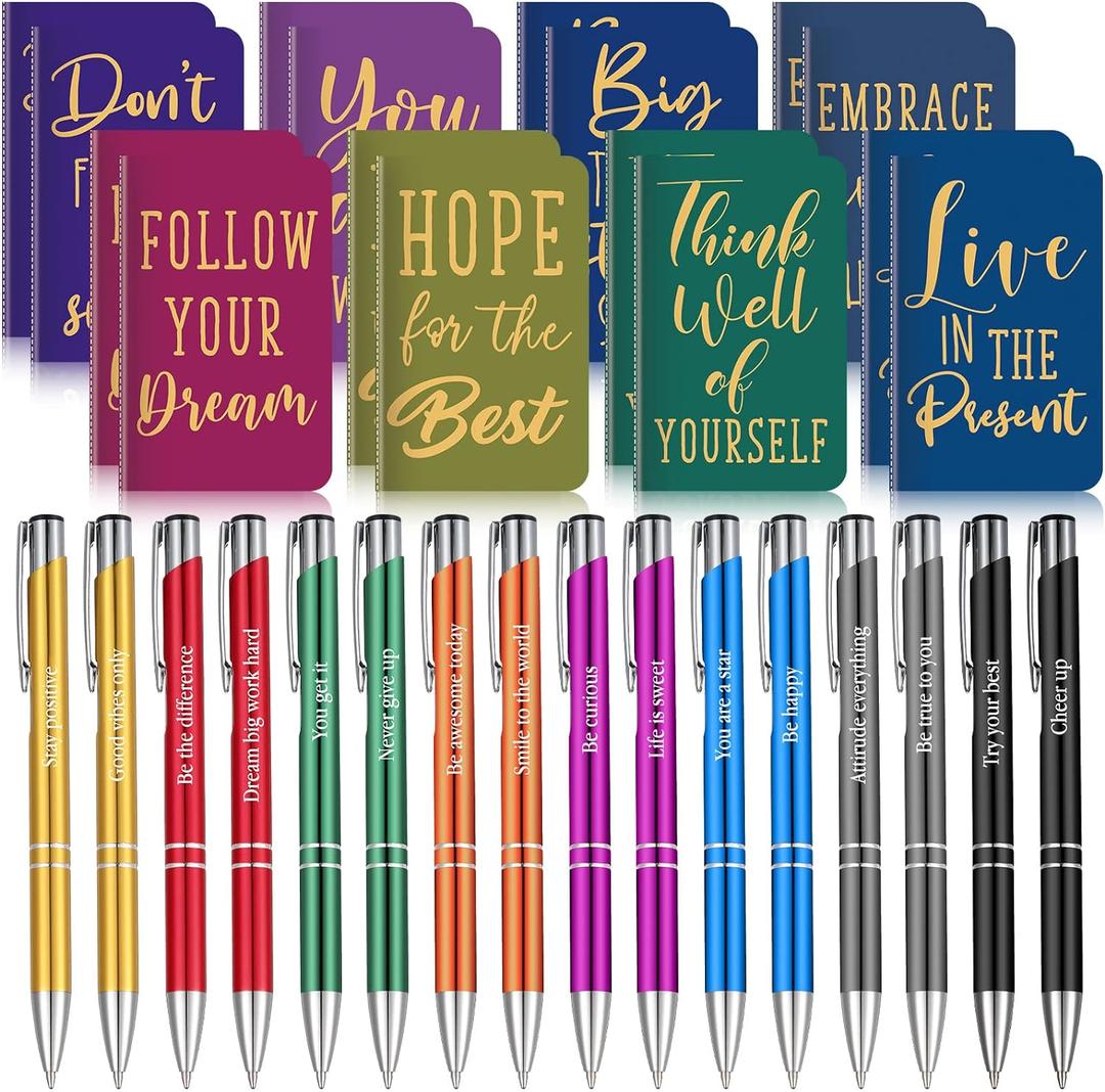 Funrous 32 Pcs Motivational Quote Pens Inspirational Notepads Mini Journal with Ballpoint Pen Small Notebooks Gift for Men Women Coworker Adult Party Favors Prize Teacher Student Office(Simple)