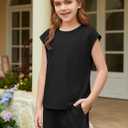 ZDC Girls Summer Outfits Casual Lounge Set Cap Sleeve T Shirt and Elastic Waist Shorts 2 Piece Clothing Sets (Black)