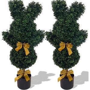 BLONYUVC Easter Bunny Topiary 36'' Artificial Bunny-Shaped Topiary Double Ball Tree Pot Easter UV-Resistant Bowknot Faux Boxwood Topiaries Plant for Porch Decor Outdoor/Indoor 2 Pack