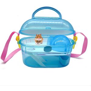 Portable Hamster Cage Syrian Hamster Carry Travel Cage with Water Bottle Food Bowl Adjustable Strap Small Animals Outgoing Cages for Gerbil Squirrel Guinea Pig Chinchilla Hedgehog Blue