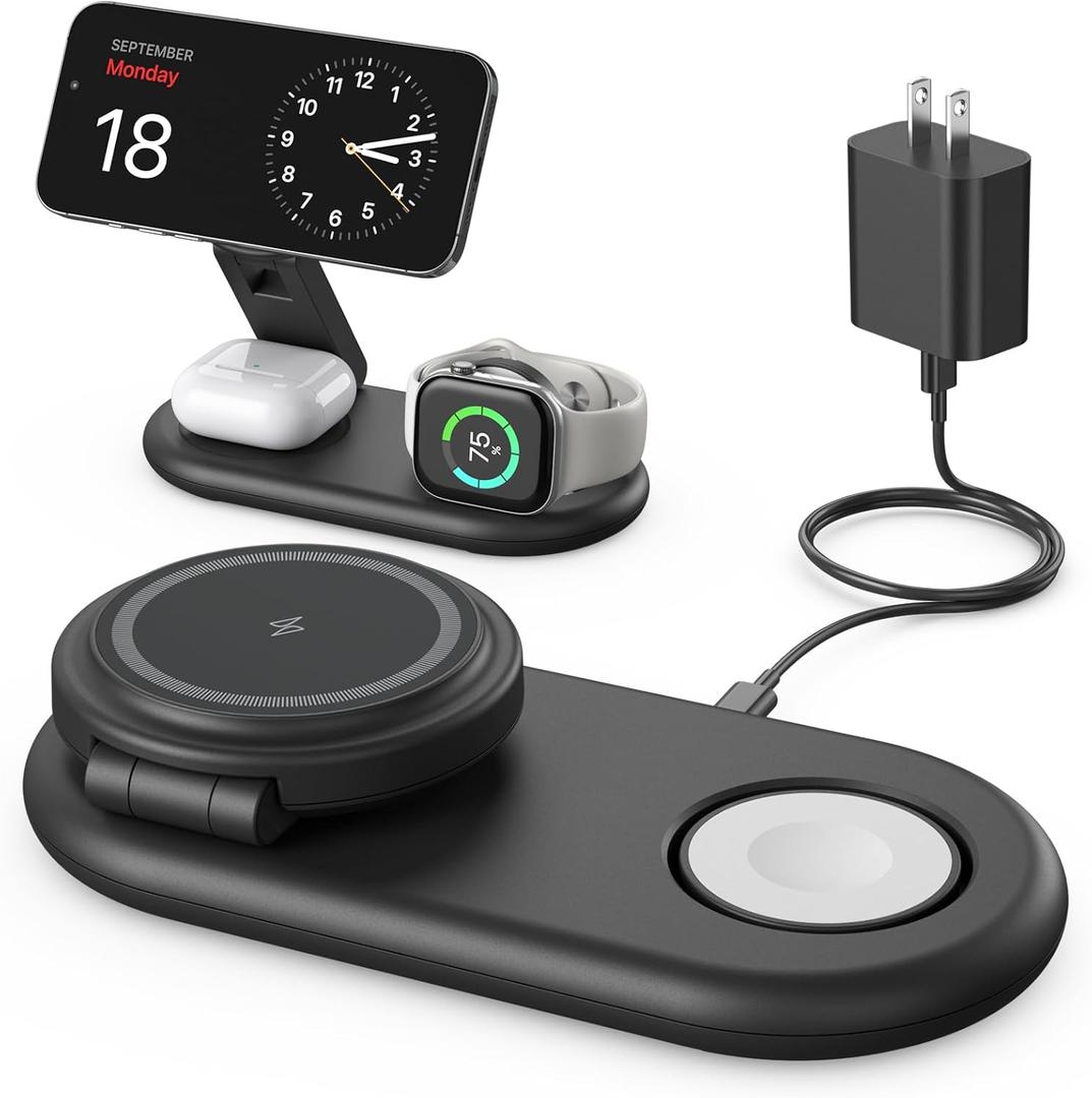 3 in 1 Charging Station for Apple Compatible with MagSafe Charger Stand,Foldable Fast Magnetic Travel Wireless Charger Dock for iPhone 17/16/15/14/13 Series,for Apple Watch,for AirPods (Black)