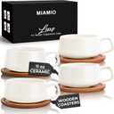 MIAMIO  11 Oz., Set of 4 Ceramic Tea Cup and Saucer Bamboo/Tea Mug - Wide Cappuccino Cup, Coffee Cups Ceramic Mug for Cappuccino, Latte, Espresso & Americano - Luxe Collection (White)