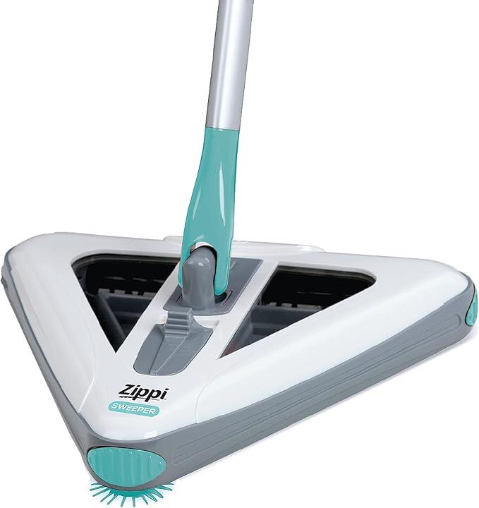 Zippi Sweeper Standard - 2025 New and Improved Lightweight Sweeper, Perfect for Short Carpet Hardwood and Tile, Triangular Design Allows for Sweeping in Corners, LED Light, 30 Minutes Cleaning Time