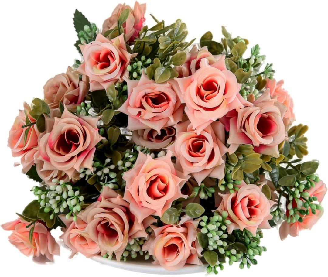 KAOYOO 2 PCS Artificial Rose Bouquet Short Stems for DIY Wedding Decoration Bridal Bouquet Home Decorations(2-PCS) (Pink/Champagne)