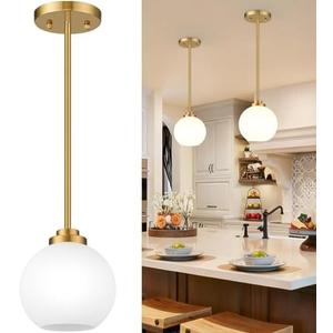 Modern Gold Pendant Lights Kitchen Island (7.2-Inch, 2 Pack), Mid Century Globe Milk Glass Pendant Light Fixtures, Brass Hanging Island Lights for Kitchen Island Dining Room (Bulbs not Included)