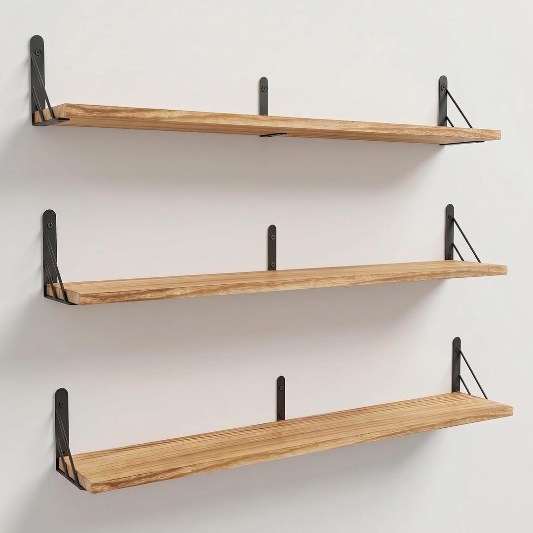 Long Floating Book Shelves for Wall,Hanging Bookshelf Wood,Large Floating Wall Shelf for Books Storage Display Living Room Bedroom Office Bathroom Decor,Set of 3,47 Inch,Carbonized Black