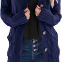 PRETTYGARDEN Long Sleeve Cable Knit Long Cardigan for Women 2026 Spring Winter Chunky Open Front Button Sweaters with Pockets (Blue, XL)