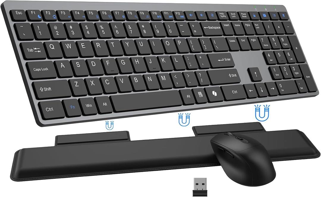 Wireless Keyboard and Mouse Combo, Full Size Silent Ultra Thin Keyboard with Magnetic Wrist Rest, Optical Mouse, 2.4G Lag-Free Cordless Mice Keyboard Set for Computer, Mac, Laptop, PC, Windows