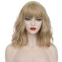 Blonde Wig Short Wavy Ash Blonde Wig with Bangs Flaxen Blonde Wigs for Women Girls Heat Resistant Synthetic Wigs(Ash Blonde)