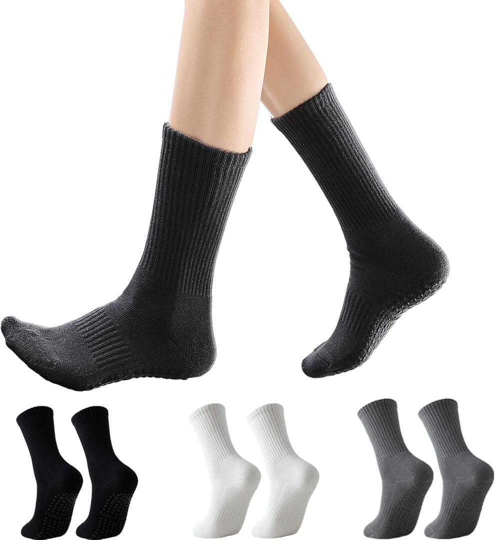 GLENMEARL Pilates Socks with Grips for Women, 3/6 Pairs Yoga Non Slip Long Socks, Grip Sock for Pilates, Dance Workout (7-9, 3 Pack Solid Colours (Black,white,grey))
