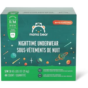 Amazon Brand - Mama Bear Boy's Nighttime Underwear for Bedwetting, Overnight Protection, Hypoallergenic, Size S/M (38-65 lbs), 44 Count, White (S/M (38-65 Pound))