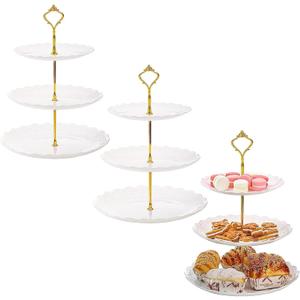 Tosnail 3 Pack 3 Tiers White Plastic Cupcake Stand Dessert Stand Tiered Serving Trays, Embossed Party Serving Trays Fruit Pastry Holders for Wedding and Party - Gold Crown Rod