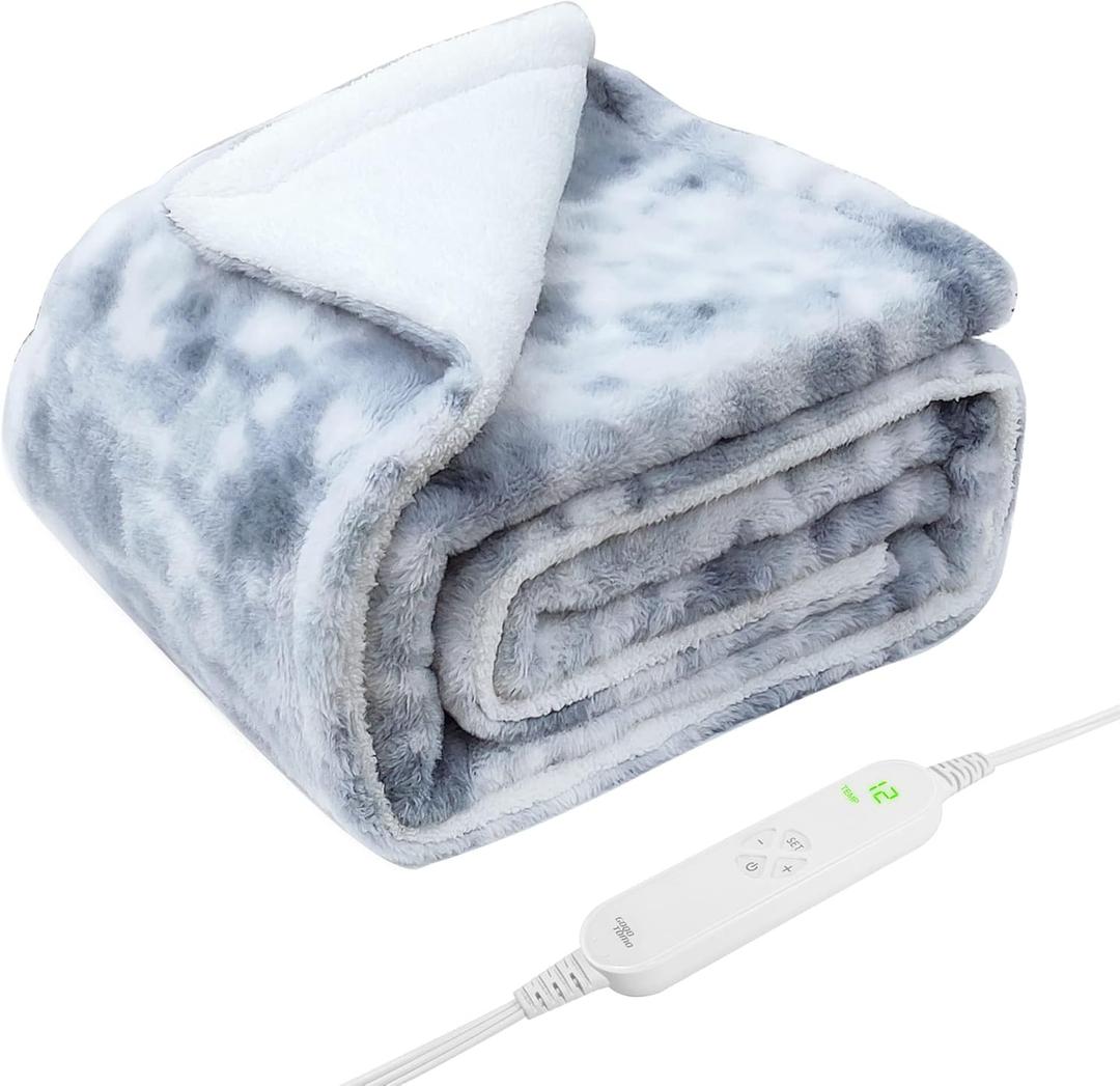 GOQOTOMO Electric Heated and Weighted 2 in1 Blanket  Flannel Material with Premium Glass Beads, with 12 Heat Levels, 8 Timer (Grey Tie dye, 15lb 48''x72'')-H72