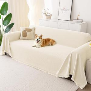 Smiry Couch Cover for Dogs, Washable Chenille Sofa Covers for 3 Cushion Couch, Soft Sofa Slipcover for Pets, Thick Sectional Furniture Protector with Tassels (Beige, 71x118 Inch)