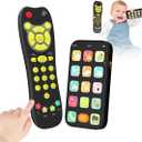 Toy Phone Baby Remote Control Toy Set, Play Phones TV Remote Control with Music Light for 6+ Months, Early Learning Baby Toys Gift for 1 Year Old Boys Girls Kids Toddler Infant, English/Spanish, Black