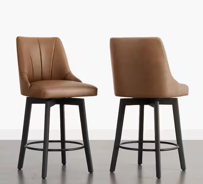 Calix 24 in. Brown Faux Leather Wood Frame 360°Swivel Counter Height Bar Stool with Wide Seat Cushion Set of 2