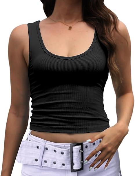 Dwnval Womens Sexy Summer Sleeveless Scoop Neck Tank Tops Slim Fit Cami Crop Top 2025 Trendy (Black, L)