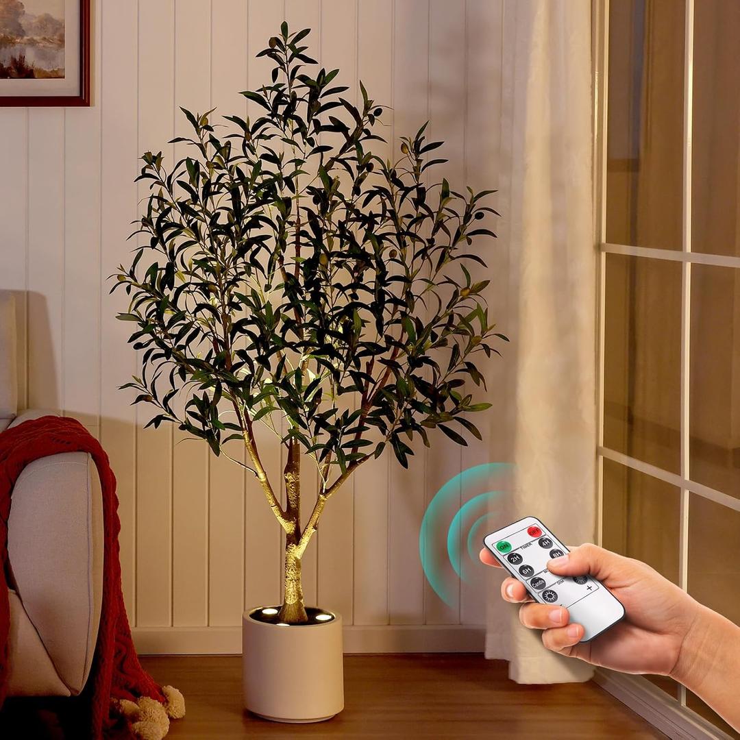 Verinatural Olive Trees Artificial Indoor 5FT - Realistic Fake Plants with Remote LED Spotlights, White Planter - Faux Olive Tree for Home Living Room Office Floor Bedroom Decor, VN214