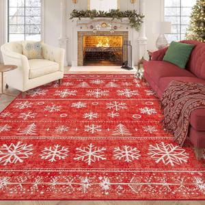 XLUEZ Christmas Area Rug 8x10 Living Room Rugs, Machine Washable Boho Christmas Tree Snowflake Rug Non-Slip Soft Low Pile Holiday Indoor Rugs for Bedroom Kitchen Dining Room Office(Xmas Red, 8'x10')