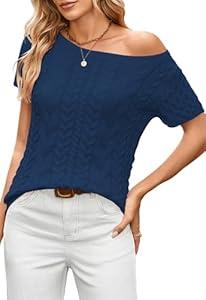 Cakulo Womens Cable Knit Short Sleeve Sweaters Tops Lightweight Crew Neck Pullover Sweater 2025 Navy Blue XL