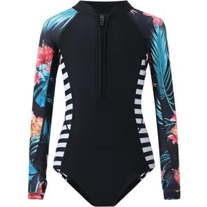 Girls Long Sleeve Rashguard Swimsuit UV Protection One-Piece Swimwear Bathing Suit (11-12 Years, Red Blue Print 2)