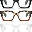 3 Pack Oversize Square Design Reading Glasses for Women, Blue Light Blocking Reader (2.0 x, Black & Leopard & Transparent) 