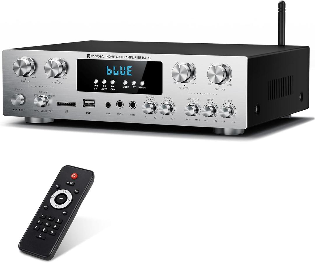 Vangoa Amplifier Home Audio 4 Channel, 440 Watt Wireless Stereo Receiver House Theater Sound Power Amplifiers Speaker Karaoke Amp w/Remote Control, USB/SD/2 Mic-in Echo/EQ/LED/AUX/FM for Studio Office