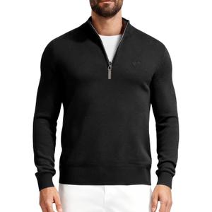 VPG Mens Quarter Zip Sweater, Regular Fit Lightweight Mock Neck Knit Texture Polo Long Sleeve 1/4 Zip Pullover (Black, L)