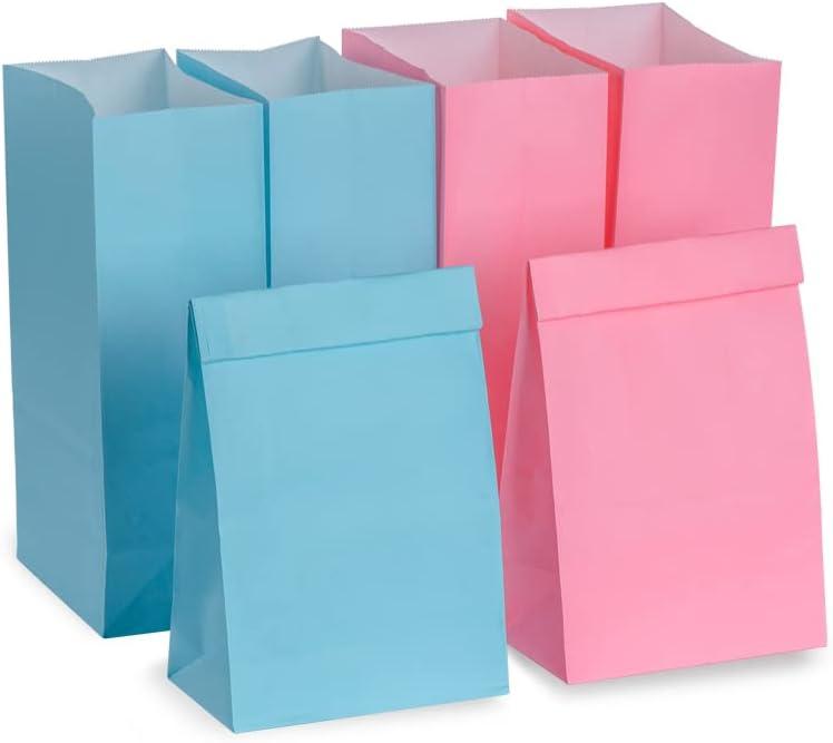 AWELL Small Party Favor Paper Bag Wrapped Treat Goody Snack Bags 9.3x5x3 inch for Baby Shower Birthday Recycled Bag,Pink and Blue,20 Counts