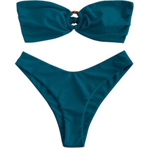 ZAFUL Women's Tie Dye Ribbed O Ring Lace Up Tie Side Bandeau Bikini Set Swimsuit (E-Peacock Blue, S)