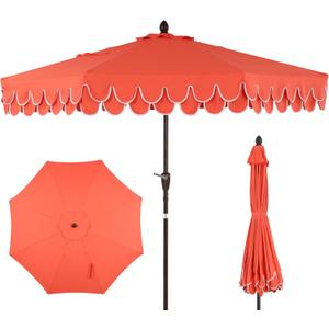 JONATHAN Y UMB1002A Tracy 9 ft. Classic MidCentury Scalloped Fringe Market Patio Umbrella with Auto-Tilt, Crank, Wind Vent and UV Protection in Coral Red/White