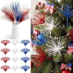 Dingion 12 Pack 4th of July Tree Decorations Red White and Blue Flowers Patriotic Artificial Glitter Picks Firework Stems 250th Anniversary Table Centerpieces for USA Vase Filler Independence Day