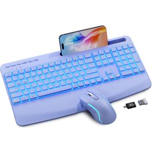 Purple Keyboard and Mouse Wireless Combo, 4000mAh Rechargeable Backlit Quiet Keyboards mice Set, USB Ergonomic Key Board with Wrist Rest & Phone Holder for PC, Mac, Windows, Natural Soft Typing