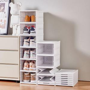 Drop Front Shoe Storage Box, No Assembly Stackable Shoe Organizer Storage Bin with Clear Door, Free Standing Shoe Shelf Cabinet with Lid, Plastic Shoe Rack for Closet Entryway, 6-Tier (6-Tier, White)