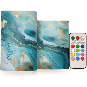 Flickering Flameless Candles, Turquoise Blue Marble Texture LED Candles with Remote Timer, Set of 2 Battery Operated Candle for Valentine Wedding Birthday