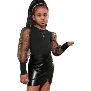 WDIRARA Girl's Round Neck Long Sleeve Contrast Mesh and Contrast Sequin Party Top (Black)