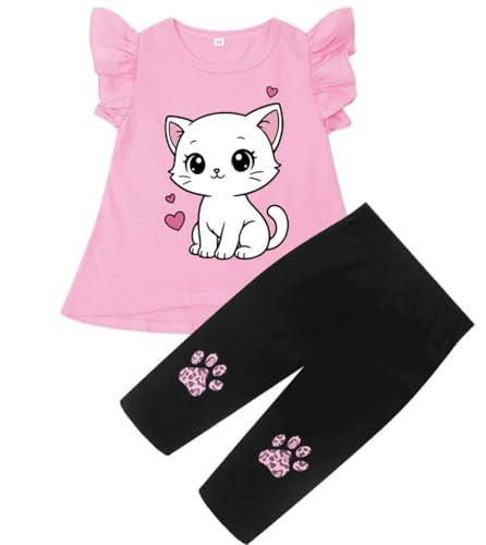 Popshion Kids Girls Summer Outfit Flutter Sleeve Low High Cat T Shirt Capris Leggings Toddler 2 Piece Clothes Set 6-7 Years/7t
