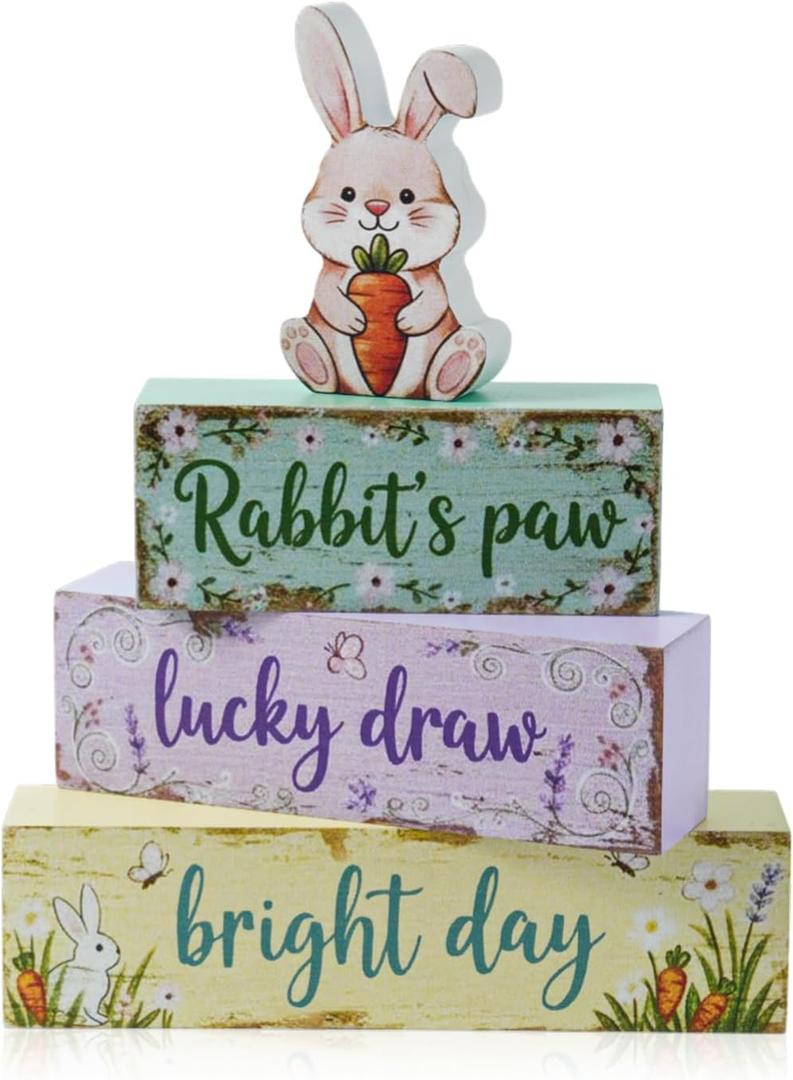 Spring Easter Dec Bunny Wooden Tabletop Decor with Rabbit’s Paw/Luck Draw/Bright Day Signs, Spring Farmhouse Spring Table Decorations for Home Indoor, Green Purple Beige Wood Blocks Set of 4