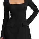 YMDUCH Women's Sexy Square Neck Long Sleeve A-Line Mini Party Dress with Pockets L