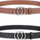 Pack 2 Women Belts for Jeans with Fashion Double O-Ring Buckle and Faux Leather (Brown)