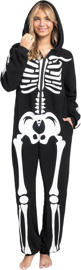 Spooktacular Creations Halloween Skeleton Jumpsuit Adult Skeleton Costume Hooded Jumpsuit Cosplay Costume Sleepwear Homewear (Large, Black)