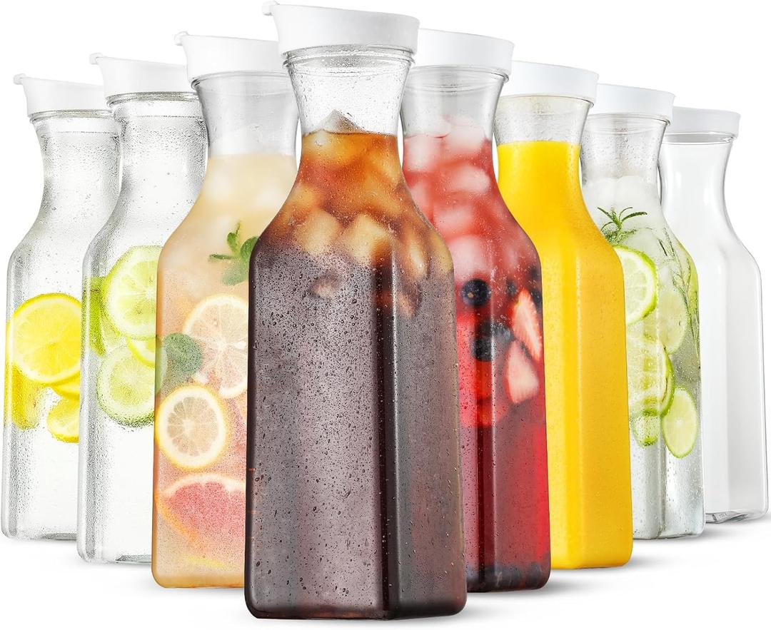Plastic 8 PACK Large 50 Oz Water Carafe with Flip Top Lid, Square Base Juice Containers, Clear Plastic Pitcher - for Water, Iced Tea, Juice, Beverage, Milk, Cold Brew and Mimosa Bar - HAND WASH ONLY