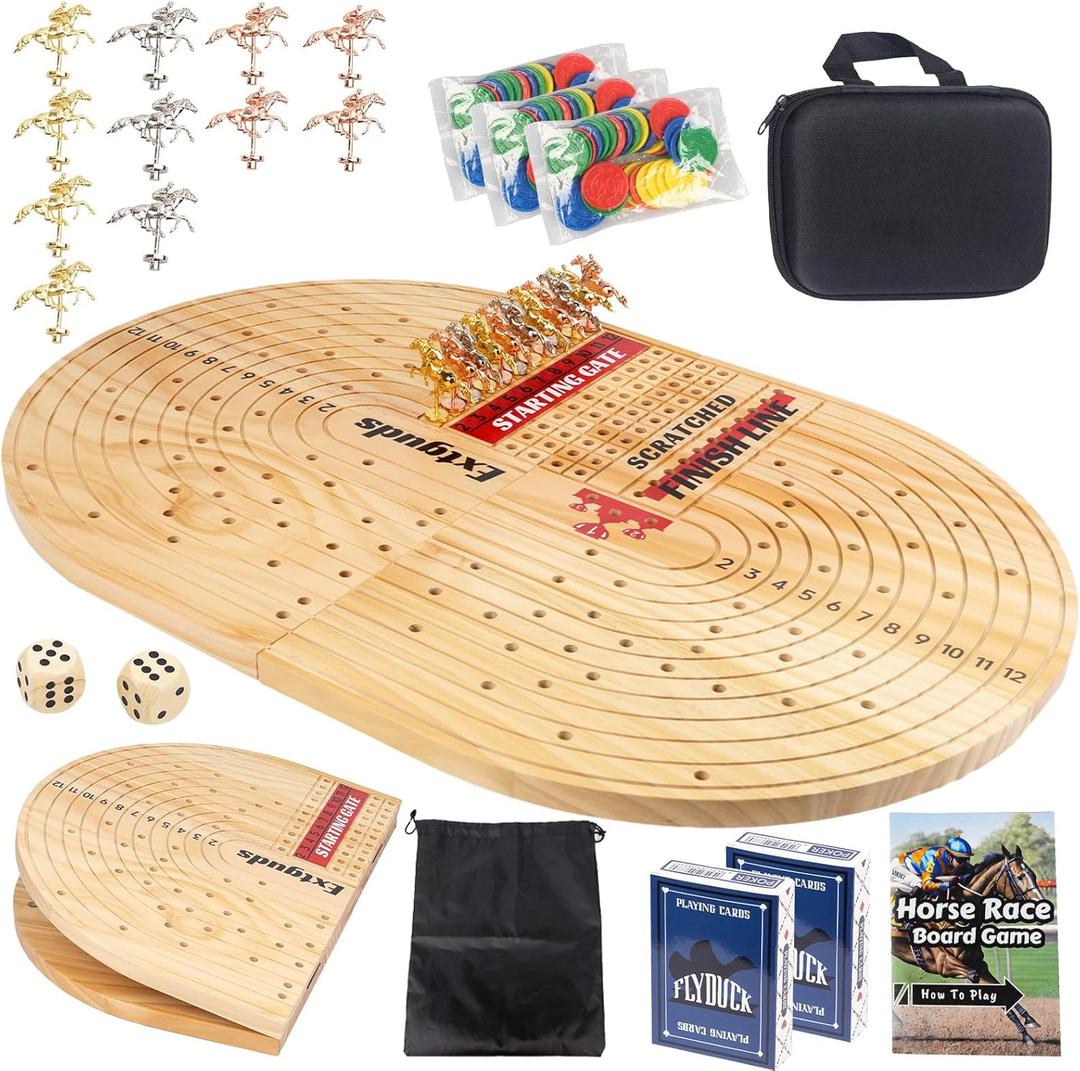 24.8in Wood Horse Race Board Game,Foldable Horse Racing Game,Large Size,with 11 Premium Metal Horses,96 Chips,2 dice,2 Boxes of Playing Cards,Storage Box,Large Storage Bag and Instruction Manual